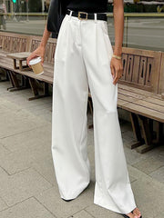 No Belt Pleated Pockets Solid Color High Waisted Loose Trousers Suit Pants