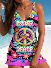 Women's V-Neck Colorful Hippie Peace And Love Print Swimsuit And Briefs