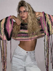 Knitted Tassels Cover Ups For Swimwear Women Sexy Loose Rainbow Shirt Girls Sweater Holiday Fashion Crop Pullover FemmeChristmas Gifts