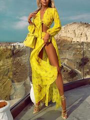 Sexy Long Sleeve Top&Split-Side Skirt Floral Print Vacation Two-Piece Suit