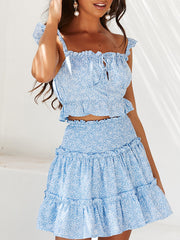 Flared Sleeves Shirts Tops+Mini Skirt Suit