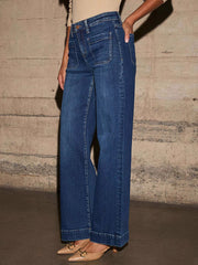 Belt Buckle Split-Joint High Waisted Wide Leg Jean Pants Bottoms