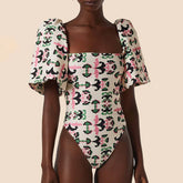 Print Twisted Flower Puff Sleeve Swimsuit Fashion High Waist One Piece Bikini Retro Square Neck Slim Swimwear Sexy Backless