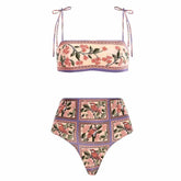 Purple Floral Swimsuit Three Piece Vintage String Lace Up Bikini High Waist Backless 2024 Women's Fashion Plus Size Sexy Color