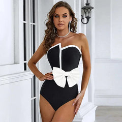 2024 Vintage Swimsuit Black Off Shoulder Bow Tie One Piece and Skirt Swimwear Set Women Vacation Beachwear Luxury Bathing Suit