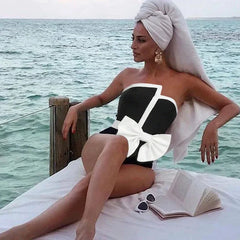 2024 Vintage Swimsuit Black Off Shoulder Bow Tie One Piece and Skirt Swimwear Set Women Vacation Beachwear Luxury Bathing Suit