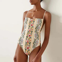 Fashion Floral One Piece Swimsuit Beach Dress Women's Swimwear 2024 Trend String Strap Sexy Bikini Women Swimwear High Waist