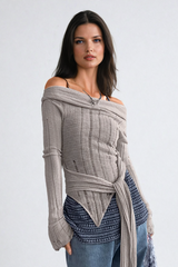 Ahe Off Shoulder Lace Up Asymmetric Top In Khaki