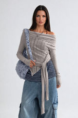 Ahe Off Shoulder Lace Up Asymmetric Top In Khaki