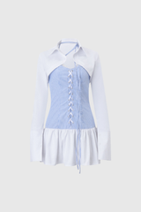 Akay Lace Up Stripe Ruffle Mini Dress