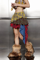 Akifumi Grid Patchwork Ruffle Asymmetric Skirt