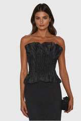 Akili Strapless Ruch Ruffle Top In Black