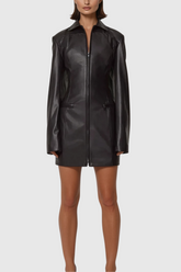 Alessandra Lapel Lace Up Leather Mini Dress In Black