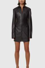 Alessandra Lapel Lace Up Leather Mini Dress In Black