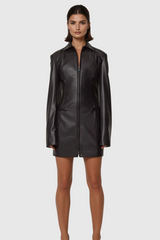 Alessandra Lapel Lace Up Leather Mini Dress In Black