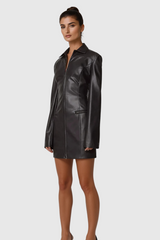 Alessandra Lapel Lace Up Leather Mini Dress In Black
