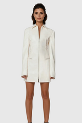 Alessandra Lapel Lace Up Leather Mini Dress In White