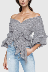 Alexi Grid Off Shoulder Lace Up Top