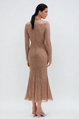 Andie Rhinestone Bodycon Long Sleeves Maxi Dress In Apricot