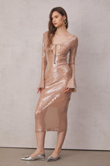 Aoibhe Long Sleeve Sequin Backless Midi Dress In Apricot