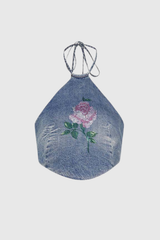 Ariya Halter Neck Floral Denim Top