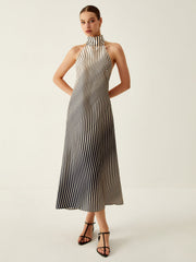 Striped Halter Backless Midi Dress