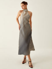 Striped Halter Backless Midi Dress