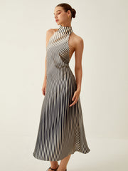 Striped Halter Backless Midi Dress