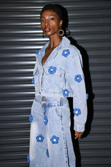 Cachet Flower Pocket Lapel Denim Jacket