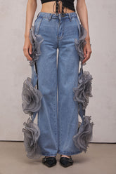 Dior Flower Hollow Jeans In Blue