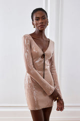 Aoibhe Long Sleeve Sequin Mini Dress In Apricot