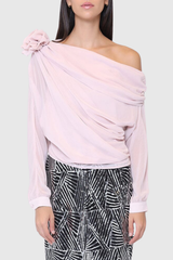 Ensley Flower Single Shoulder Mesh Top In Pink
