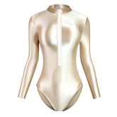 Satin Shiny Japanese Women's Sexy Body Suits Front Zipper Long Sleeve Tight Glossy Silky High Cut One Piece Swimsuit Plus Size