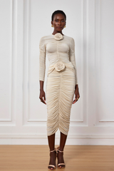 Kenia Flower Ruch Mesh Midi Skirt