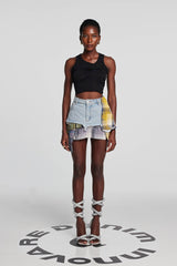 Kenna Grid Deconstruct Patchwork Mini Skirt In Blue