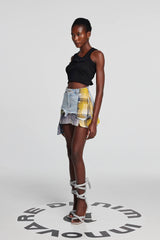 Kenna Grid Deconstruct Patchwork Mini Skirt In Blue