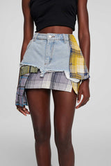 Kenna Grid Deconstruct Patchwork Mini Skirt In Blue