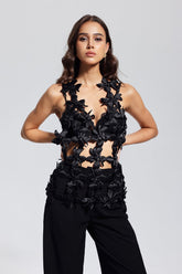 Kira Flower Cutout Sleeveless Top In Black