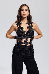 Kira Flower Cutout Sleeveless Top In Black