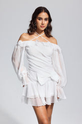 Liberty Mesh Ruffle Asymmetric Bow Mini Dress