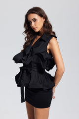 Lilia Ruffle Ruch Lace Up Vest In Black