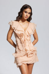 Maura V Neck Ruffle Asymmetric Mini Dress In Champagne