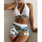 Lace Printing Solid Color Stitching Swimsuit