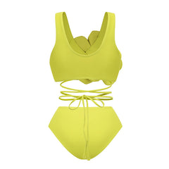 High Waist Banded Bikini Solid Color Three-Piece Split Swimsuit