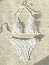 White Halter Strap Split Bikini Decorative 3D Floral Swimsuit