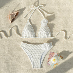 White Halter Strap Split Bikini Decorative 3D Floral Swimsuit