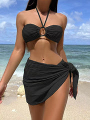 Solid Color Strap Bikini Three-Piece Beach Dress Swimsuit