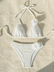 White Halter Strap Split Bikini Decorative 3D Floral Swimsuit