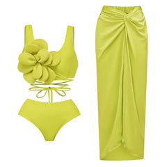 High Waist Banded Bikini Solid Color Three-Piece Split Swimsuit