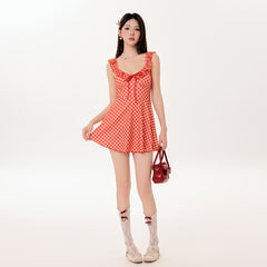 Ruffle Neck Jacquard Plaid Short Dress